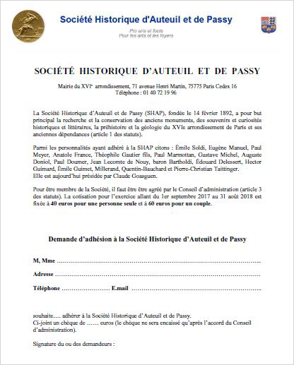 Bulletin d'adhésion à la Société historique d'Auteuil et de Passy Adhesion-Shap