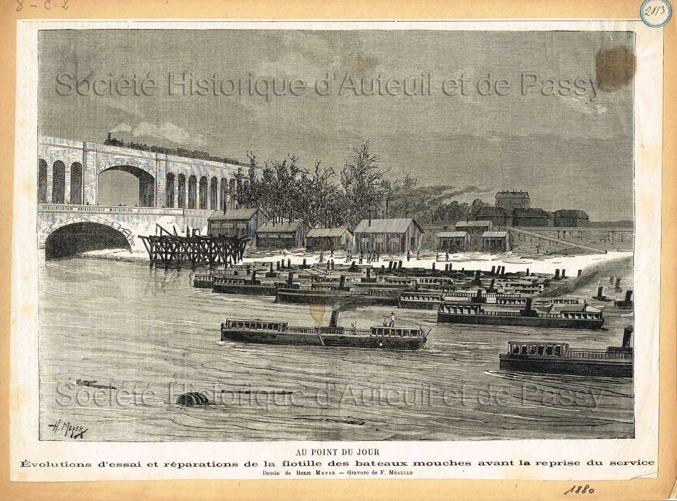 Au Point-du-Jour. Évolutions d'essai et réparations de la flotille des bateaux mouches avant la reprise du service (1880).