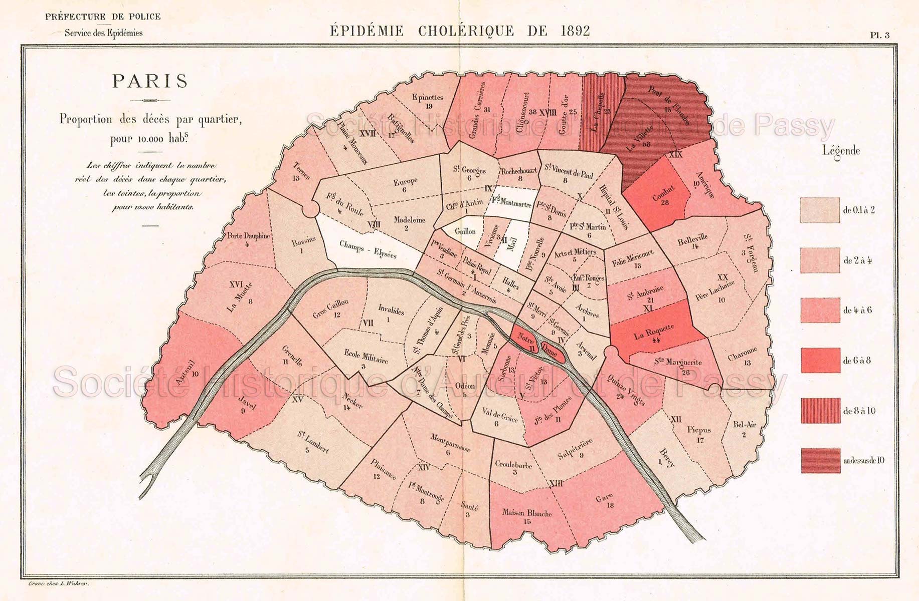 Paris. Proportion des décès par quartier, pour 10.000 habitants.