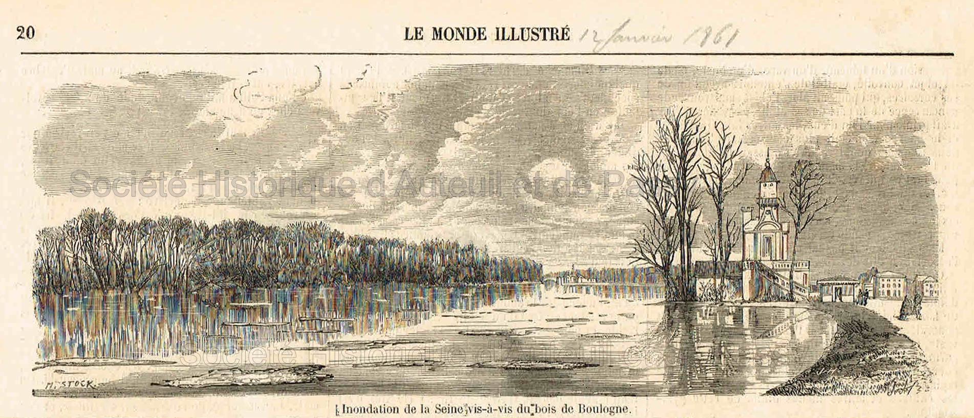 Inondation de la Seine vis-à-vis du Bois de Boulogne (Le Monde illustré - 12 janvier 1861)