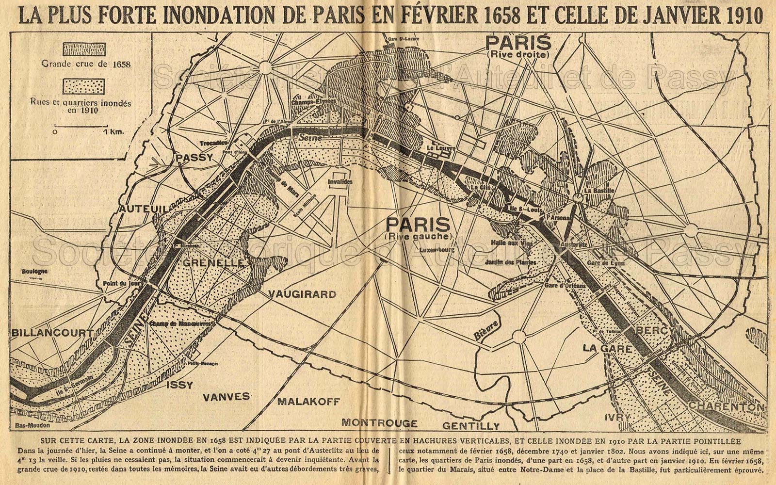 La plus forte inondation de Paris en février 1658 et celle de janvier 1910 (article de presse).